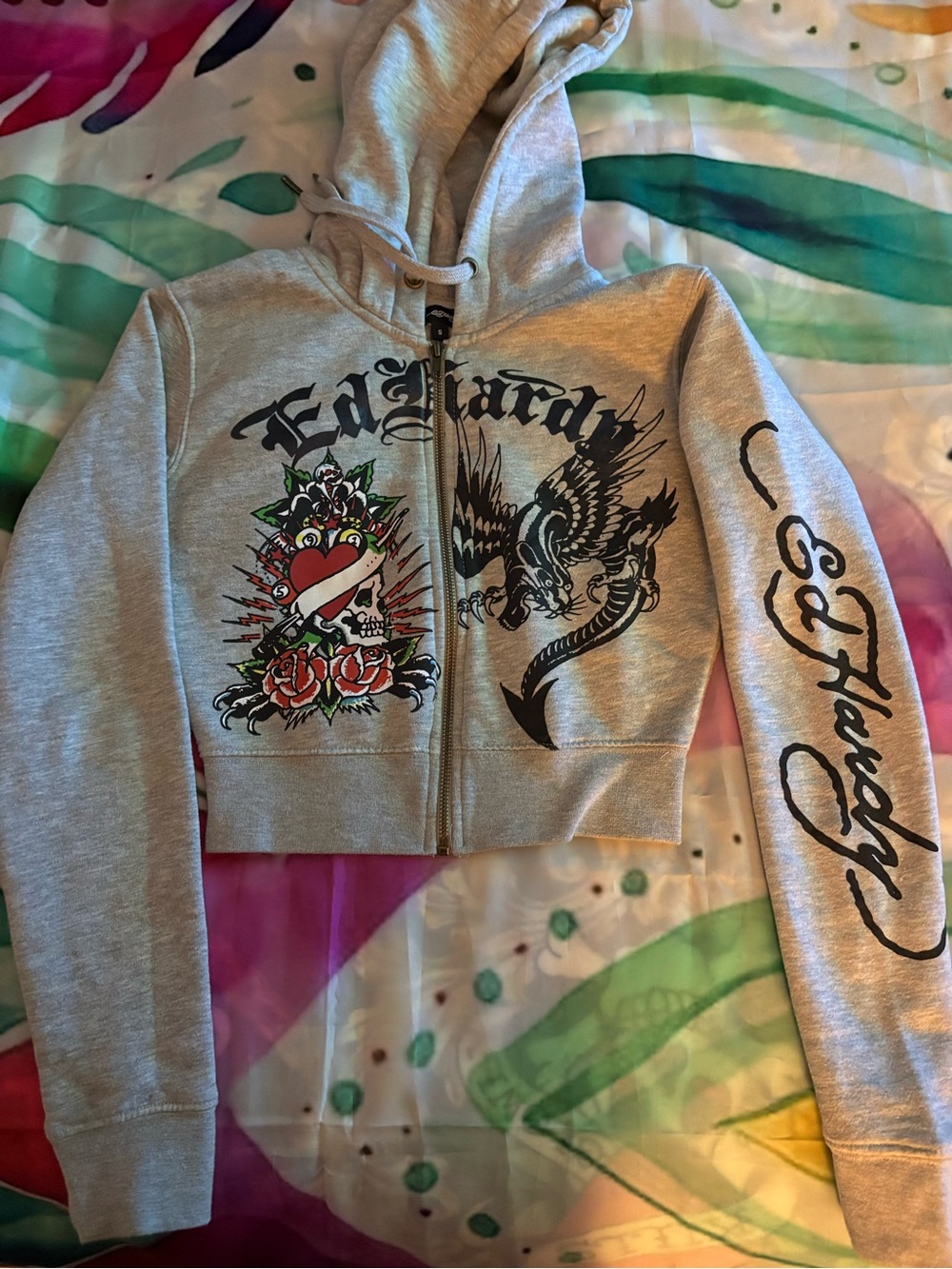 Ed Hardy Gray Cropped Zip Hoodie with Tattoo Graphics